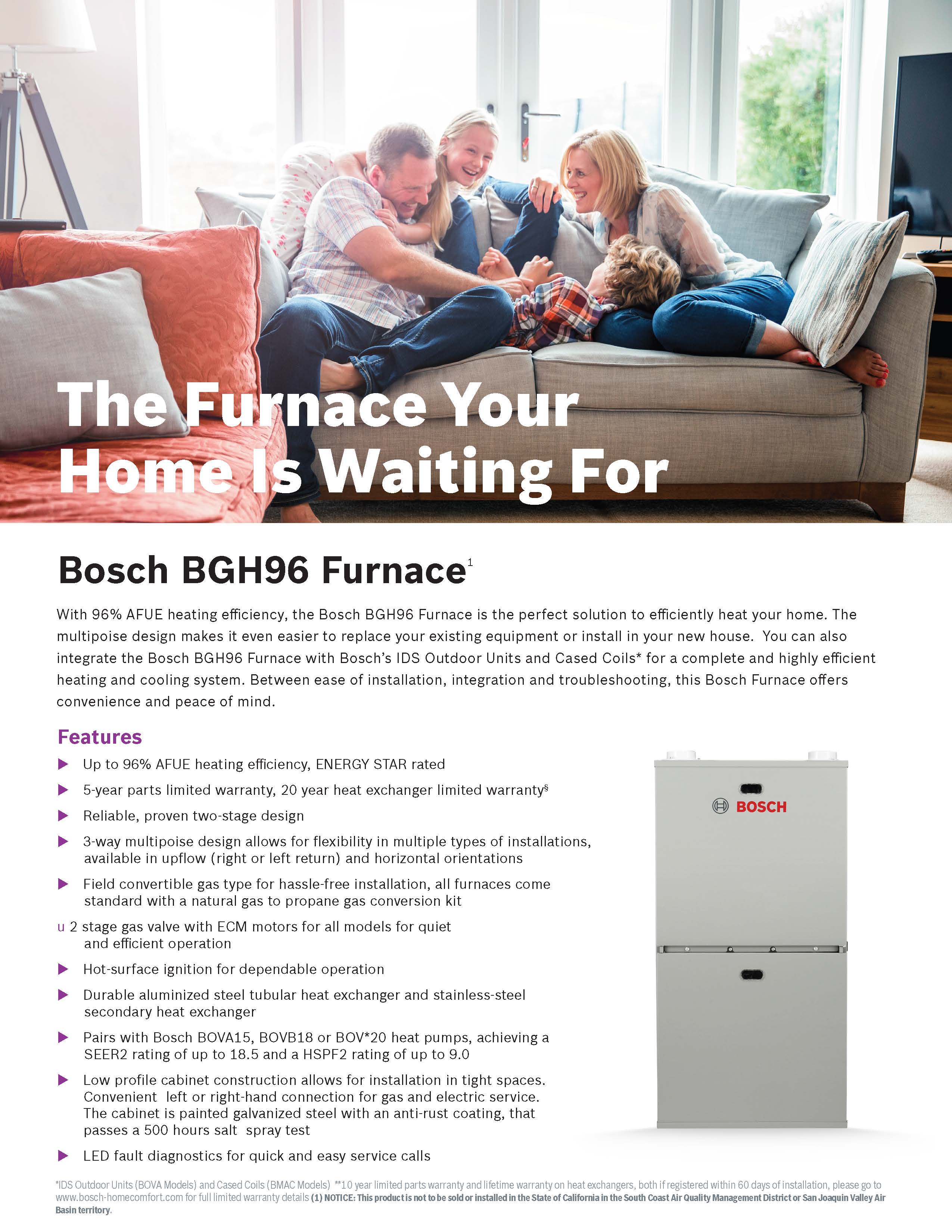 Bosch R410A 96% Two Stage 80K BTU Gas Furnace BGH96M080C4B (0352)(T)